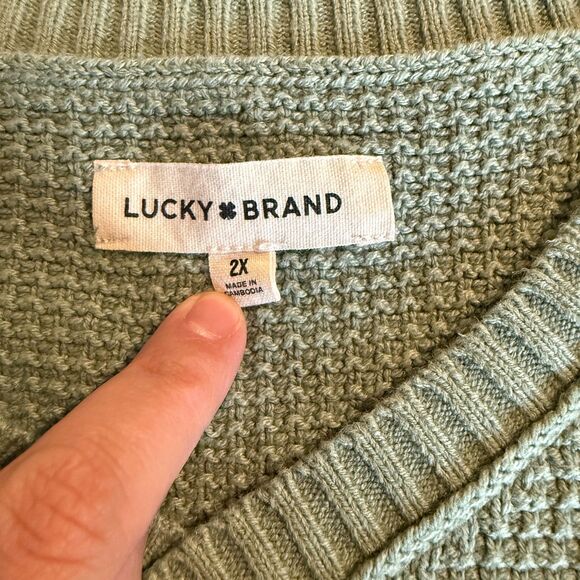 Lucky Brand Women's 2X Waffle Knit V-Neck Sweater Sage Green Long Sleeve Slouchy - Picture 2 of 8